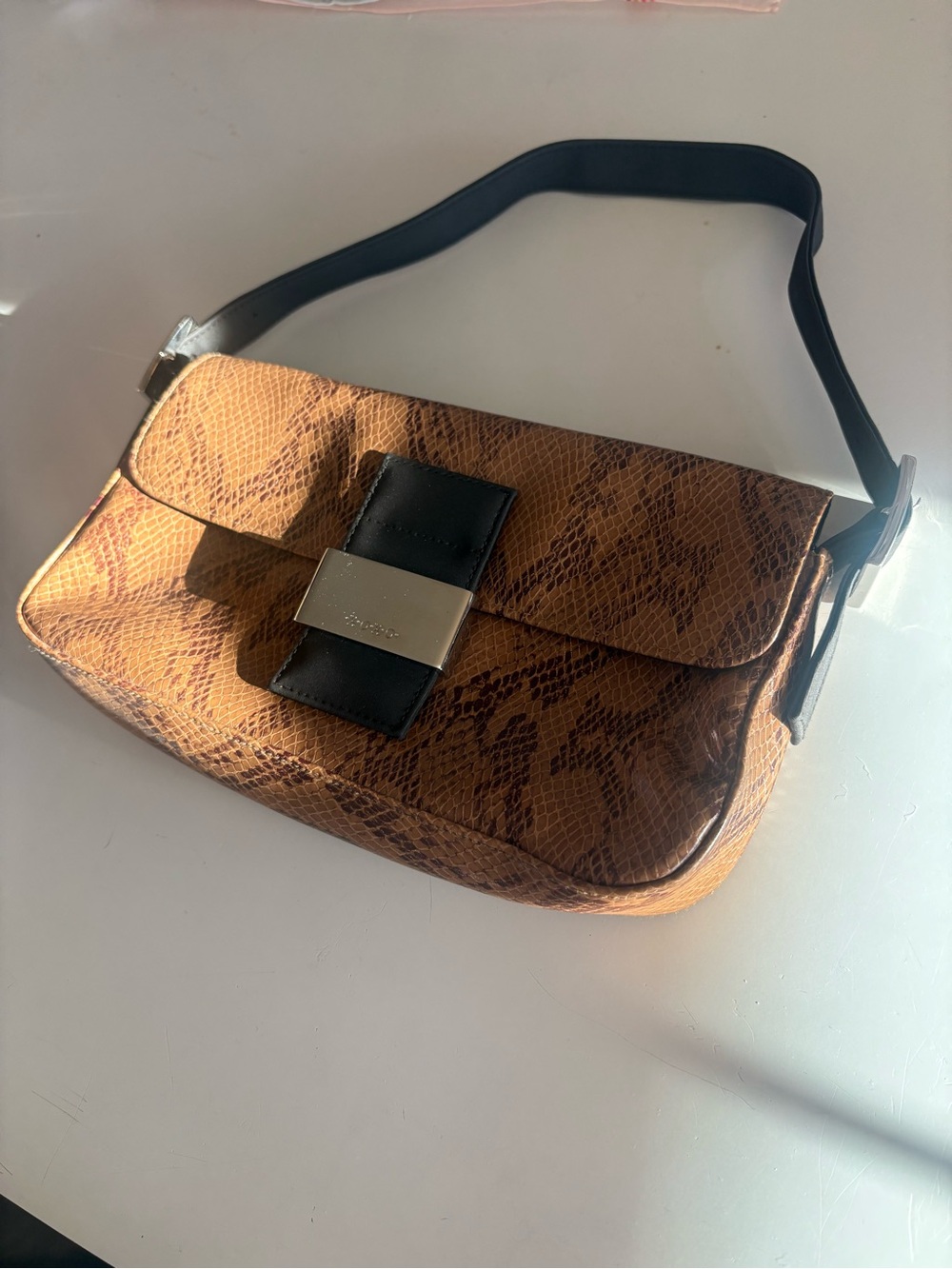 XOXO Brown Snake-Print Shoulder Baguette with Black Strap - Picture 2 of 6